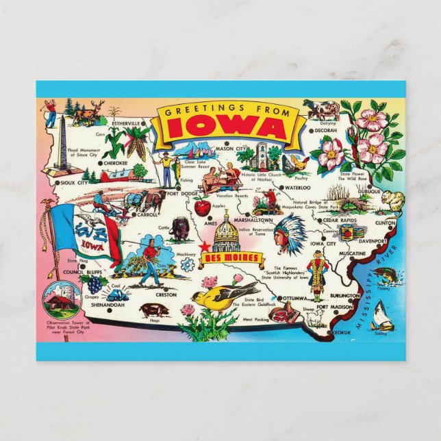 Illustrerad Iowa Kartpostkort Vykort (Framsida)