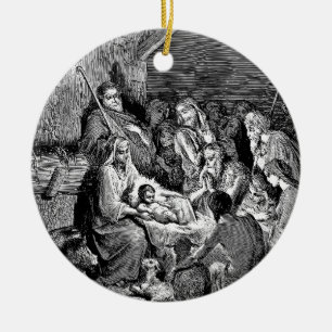 Illustrerad julverksscen julgransprydnad keramik