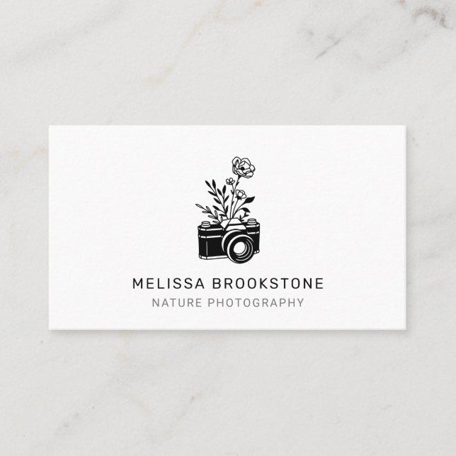 Illustrerad kamera och blommor, naturfotografi visitkort (Framsida)