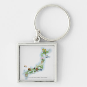Illustrerad karta av forntida Japan Fyrkantig Silverfärgad Nyckelring