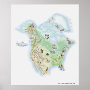 Illustrerad karta av Nordamerika Poster