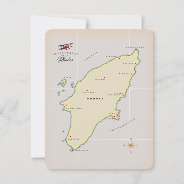 Illustrerad karta av Rhodes. (Baksida)