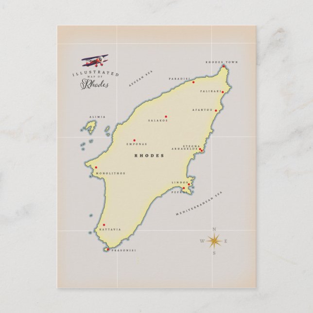 Illustrerad karta av Rhodes. Vykort (Framsida)