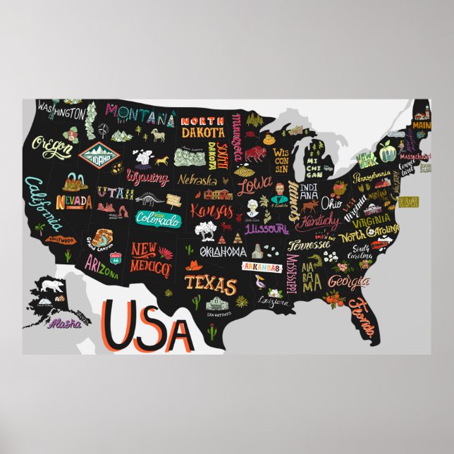 Illustrerad karta från USA. Poster med stater och (Framsidan)