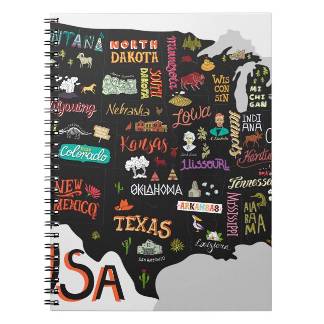 Illustrerad karta från USA. Poster med stater och Anteckningsbok (Framsidan)