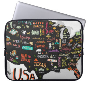 Illustrerad karta från USA. Poster med stater och Laptop Fodral