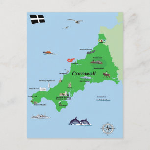 Illustrerad karta i Cornwall Vykort