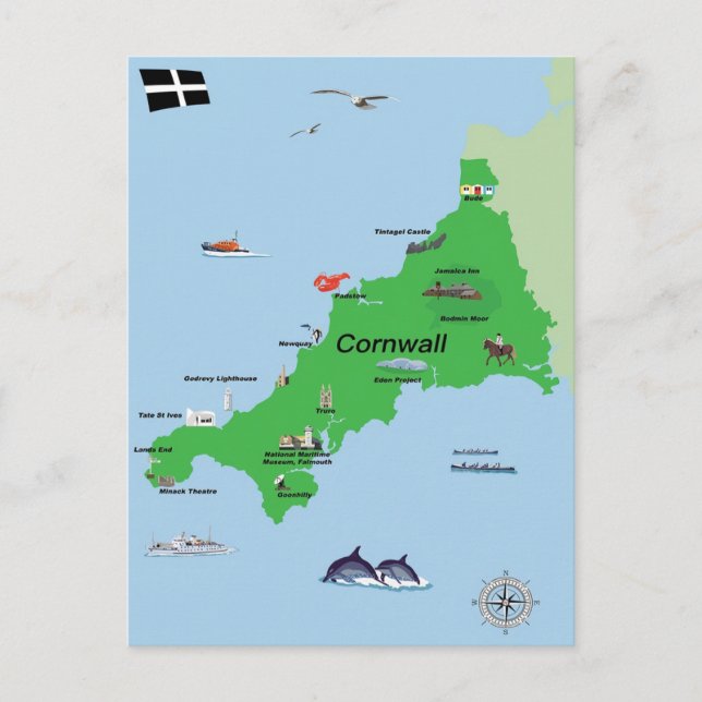 Illustrerad karta i Cornwall Vykort (Framsida)