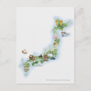 Illustrerad karta i det gamla Japan Vykort