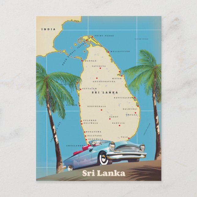 Illustrerad karta i Sri Lanka Vykort (Framsida)