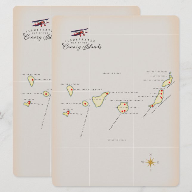 Illustrerad karta om Kanarieöarna. (Fram/baksida)