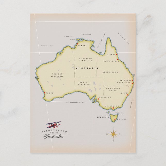 Illustrerad karta över Australien Vykort (Framsida)