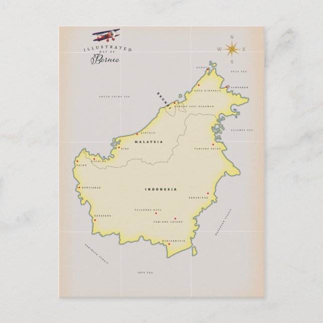 Illustrerad karta över Borneo Vykort (Framsida)