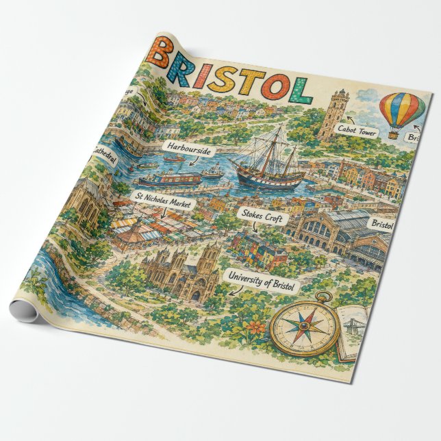 Illustrerad karta över Bristols landmärken Presentpapper (Utrullad)