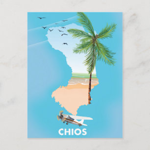 Illustrerad karta över Chios Grekland. Vykort