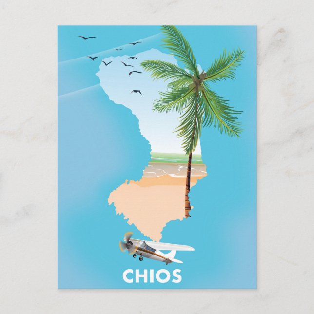 Illustrerad karta över Chios Grekland. Vykort (Framsida)