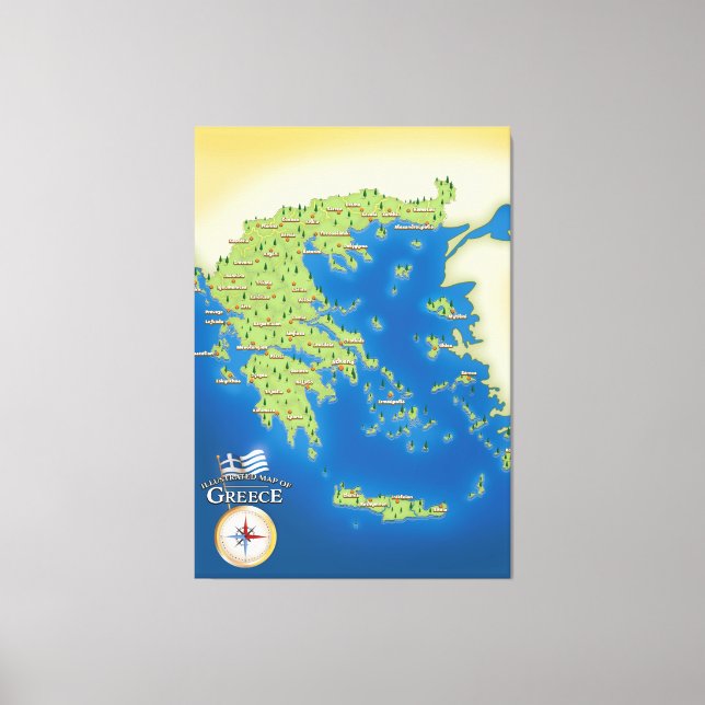 Illustrerad karta över Grekland. Canvastryck (Framsida)