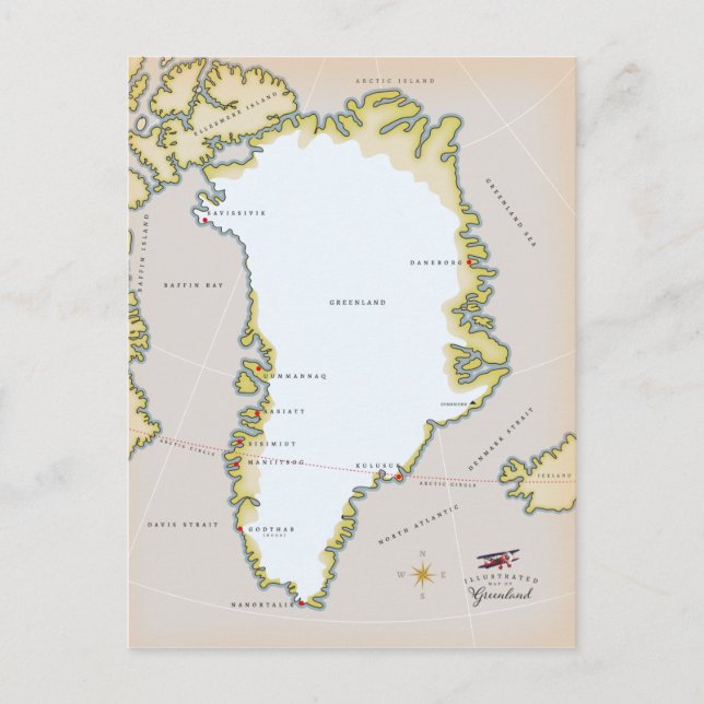 Illustrerad karta över Grönland Vykort (Framsida)