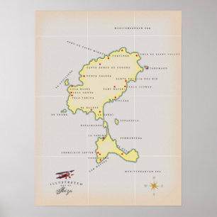 Illustrerad karta över Ibiza Poster