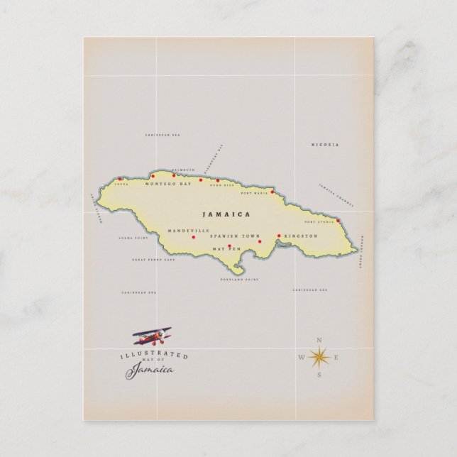 Illustrerad karta över Jamaica. Vykort (Framsida)