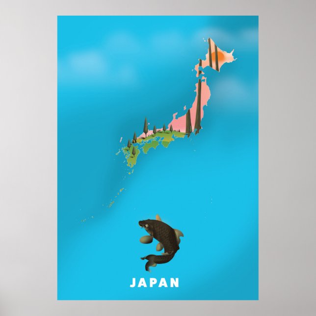 Illustrerad karta över Japan resaffisch tryck. Poster (Framsidan)