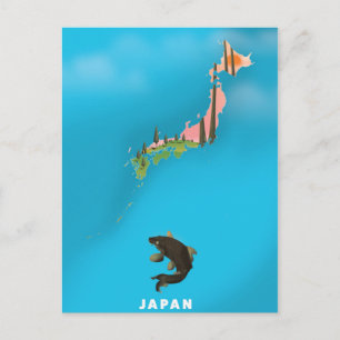 Illustrerad karta över Japan resaffisch tryck. Vykort
