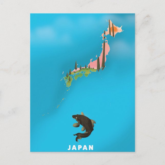 Illustrerad karta över Japan resaffisch tryck. Vykort (Framsida)