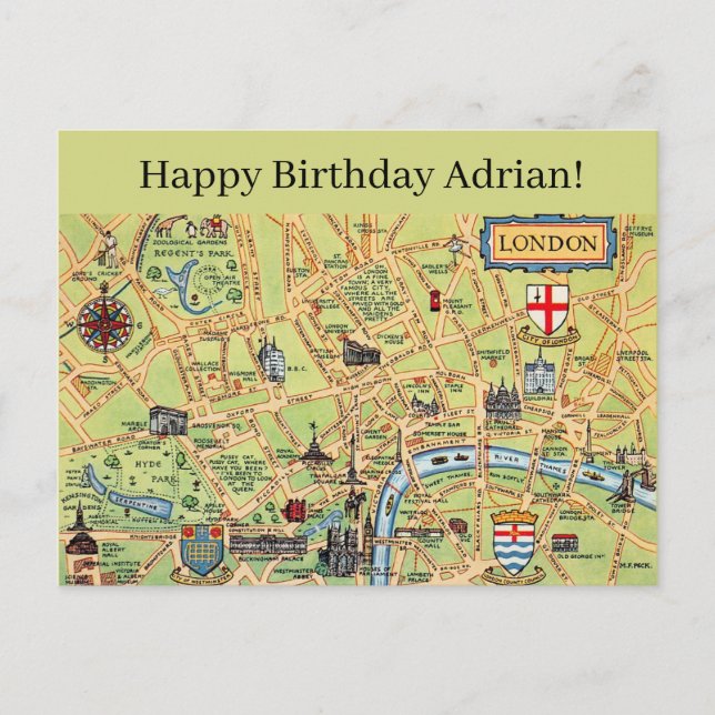 Illustrerad karta över London Födelsedagskort Vykort (Framsida)