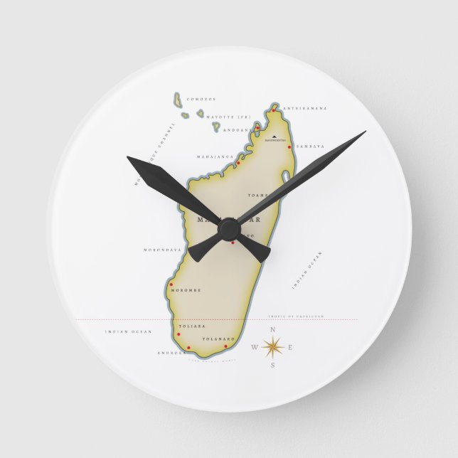 Illustrerad karta över Madagaskar Rund Klocka (Framsida)