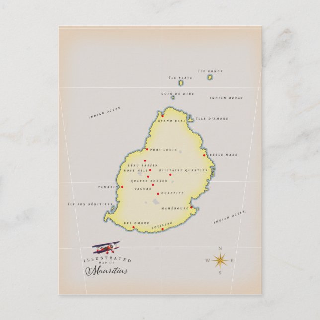 Illustrerad karta över Mauritius Vykort (Framsida)