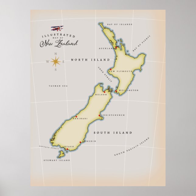Illustrerad karta över Nya Zeeland Poster (Framsidan)