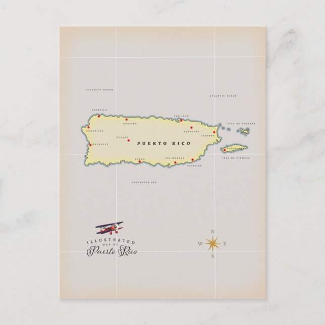 Illustrerad karta över Puerto Rico. Vykort (Framsida)