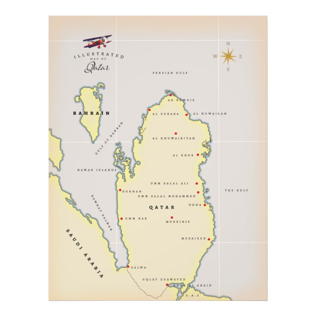 Illustrerad karta över Qatar Fototryck (Framsidan)