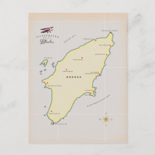 Illustrerad karta över Rhodos. Vykort