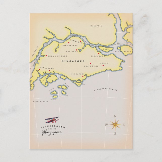Illustrerad karta över Singapore Vykort (Framsida)