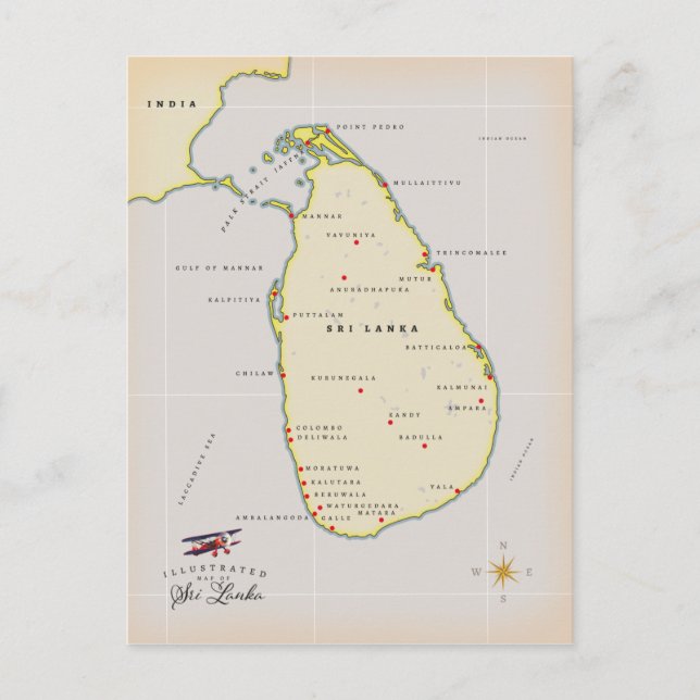 Illustrerad karta över Sri Lanka Vykort (Framsida)