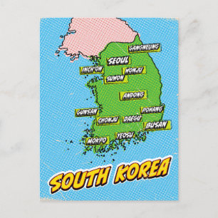 Illustrerad karta över Sydkorea i popkonst-stil Vykort