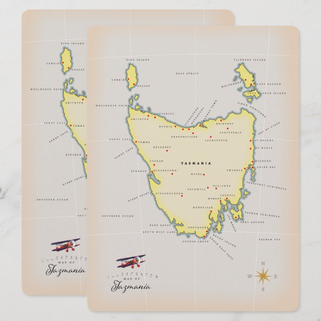 Illustrerad karta över Tasmanien. (Fram/baksida)