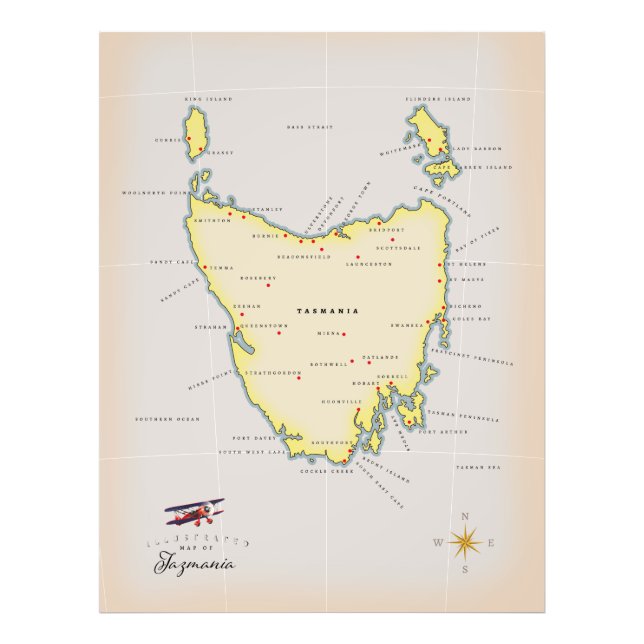 Illustrerad karta över Tasmanien. Fototryck (Framsidan)