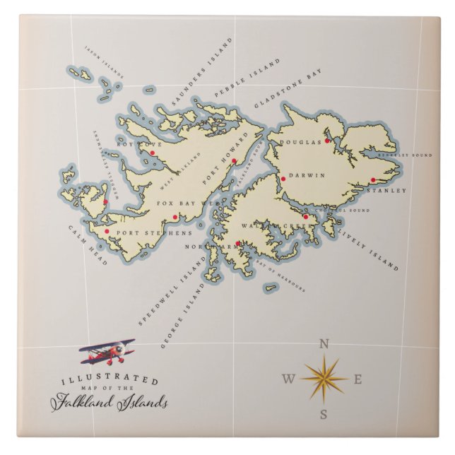 Illustrerad karta på Falklandsöarna. Kakelplatta (Framsidan)