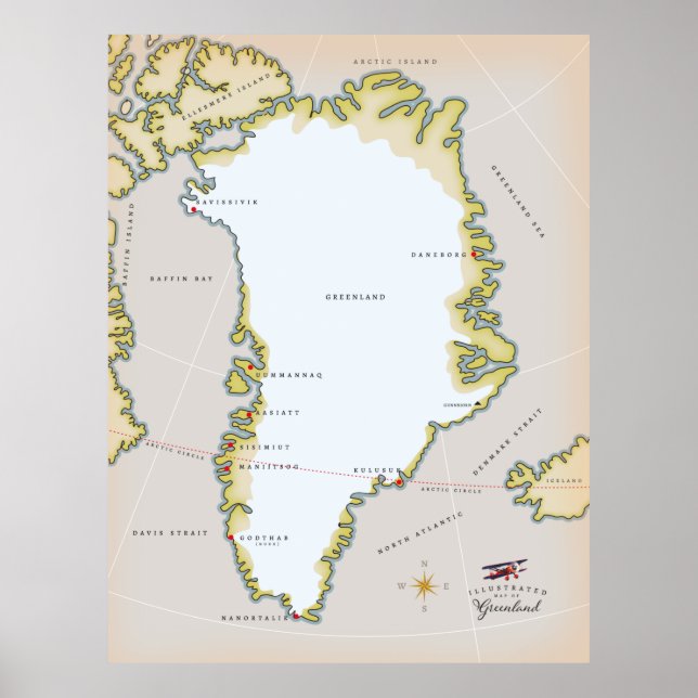 Illustrerad karta på Grönland Poster (Framsidan)