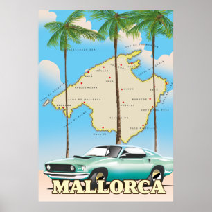 Illustrerad karta på Mallorca Poster