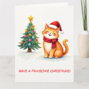Illustrerad katt och Julgran i Cute Orange Kort