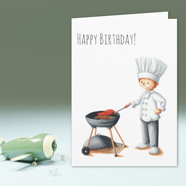 Illustrerad kock gör en grillad födelsedagsfest kort (Illustrated Chef Man Doing a Barbecue Birthday Card )