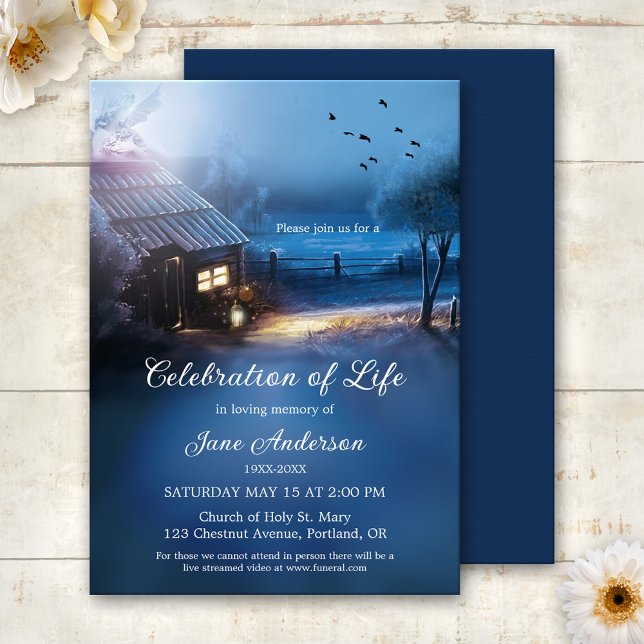Illustrerad minneshögtid för att fira livet  inbjudningar (Memorial or celebration of life invitation featuring a country home with angel guidance light)
