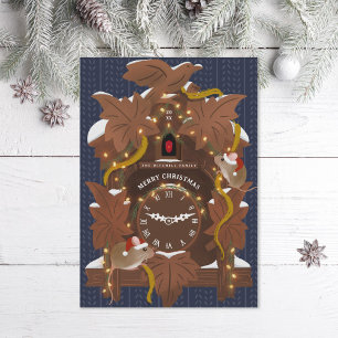 Illustrerad möss på julcuckoo Clock Blue Julkort
