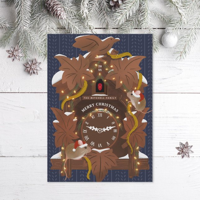 Illustrerad möss på julcuckoo Clock Blue Julkort (Skapare uppladdad)