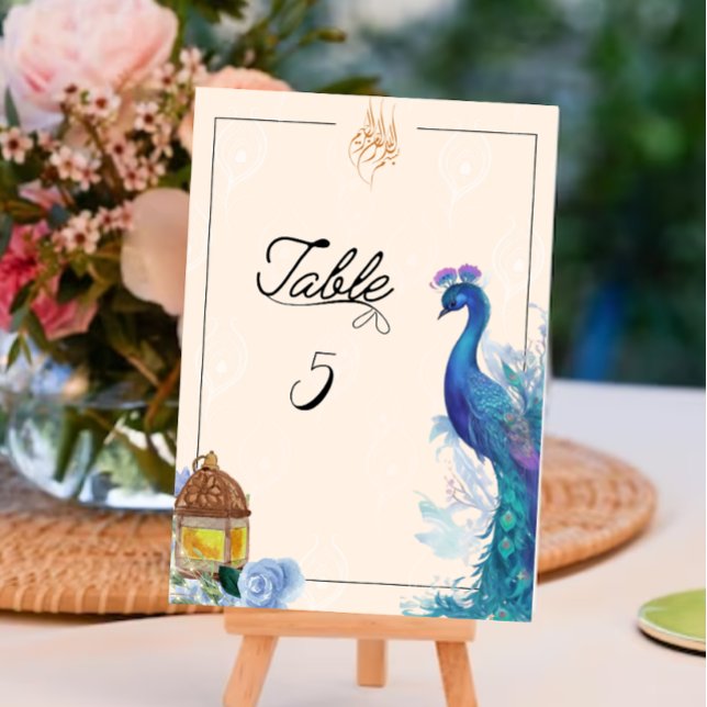 illustrerad påfågelstil muslimkort för bord bordsnummer (Illustrated Peacock Bismillah table Sign)