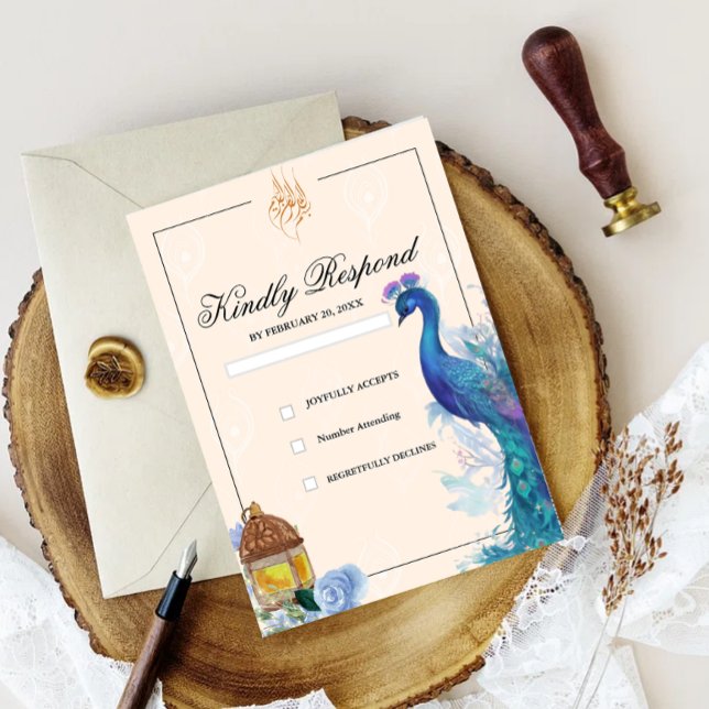 Illustrerad Peacock Arabian-muslimsk OSA kort (illustrated peacock muslim rsvp wedding card)