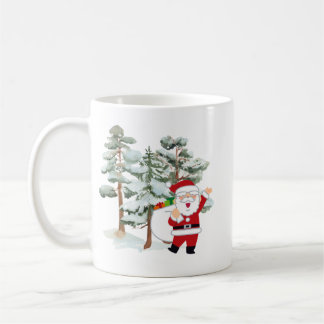 Illustrerad Red Jolly Santa med Grönt snowy Träd Kaffemugg